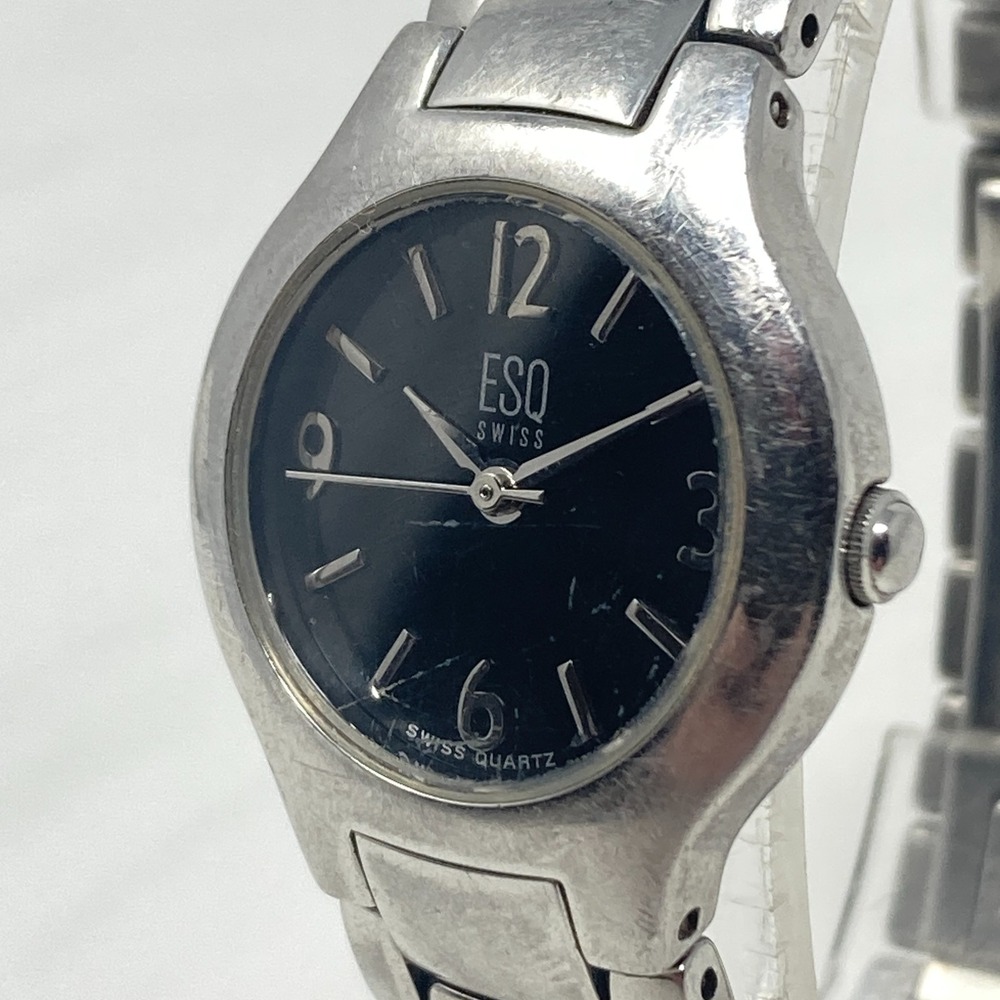 ESQ Swiss Watch Women 25mm Silver Tone Black Dial WR E5231 New Battery 7"